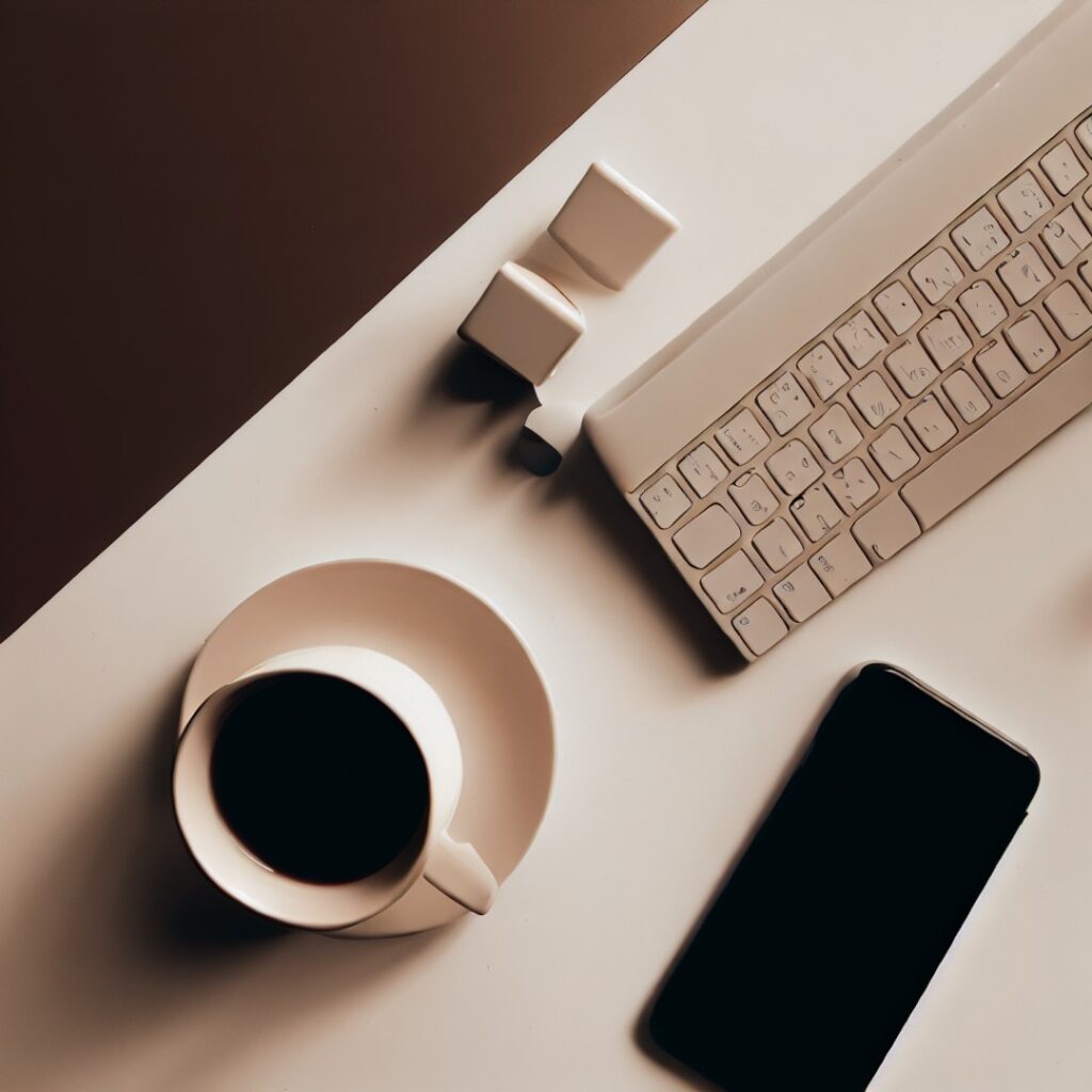 Keyboard, a smartphone and a cup of coffee